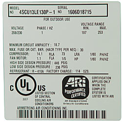 Central air conditioner label used to determine sizing for your replacement central air conditioner